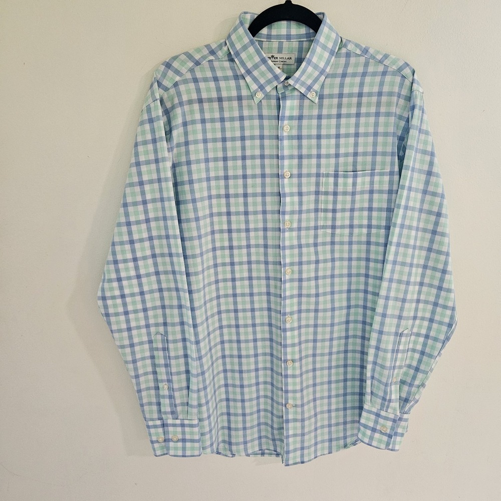 Peter Millar Summer Comfort Mens Long Sleeve Green Blue Plaid Polo Dress Shirt